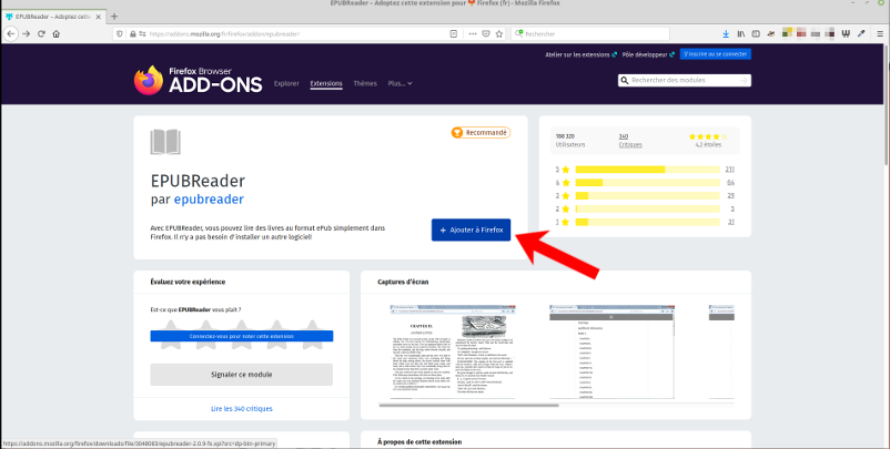 illustration de la page web d'installation de l'extension EPUBReader